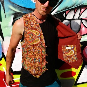 JACKFRUIT Reversible Waistcoat (men & women sizes) - Paisley Terracotta - Crazy Party Festival Retro 80s Print Aztec Party Fresh Prince Vest