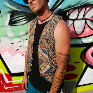 JACKFRUIT Reversible Waistcoat (men & women sizes) - Paisley Blue - Crazy Party Festival Retro 80s Print Aztec Pink Party Fresh Prince Vest