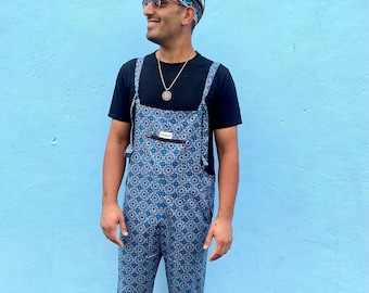 JACKFRUIT Dungarees - Kaleidoscope Grey - 80s Fresh Prince Adult Bohemian Overalls 90s Aztec Africa Print Gender Neutral Festival Clothing