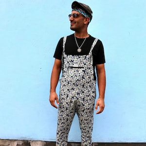 Peto JACKFRUIT - Azul Flower Power - Mono bohemio Fresh Prince de los 80 para adultos, estampado azteca africano de los 90, ropa de festival de género neutro
