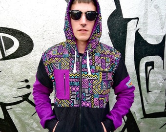 JACKFRUIT I-DEAL Festival Jacket - Pac Man - Unisex - Fleece Lined Crazy Pattern Aztec Ski Warm Festival Fresh Prince Zip Hoody Retro 80s