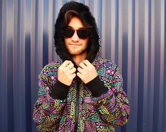 JACKFRUIT Winter Hoodie - 80s Fur Hood Festival Clothing Kawaii Jacket Aesthetic Japan Streetwear Ski Bomber Burning Man Fresh Prince 90s