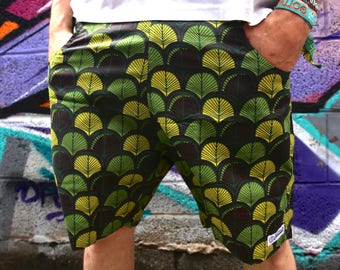 JACKFRUIT Shorts - Green Leaf - Cotton Mens Crazy Patterned Festival Fresh Prince Retro Style Boho Aztec Party Summer Beach Holiday Pants