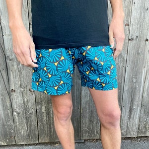 JACKFRUIT Shorts - Peacock Blue - Fresh Prince 80s Boho Aztec Pants Beach Holiday Outfit Cotton Mens Crazy Patterned 90s Festival Clothing