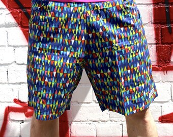 JACKFRUIT Shorts - Blue Diamond - Cotton Mens Crazy Patterned Festival Fresh Prince Retro Style Boho Aztec Party Summer Beach Holiday Pants