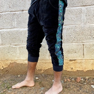 May include: Black velvet pants with a green and blue patterned stripe down the side.