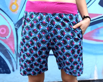 JACKFRUIT Shorts - Blue Feather - Cotton Mens Crazy Patterned Festival Fresh Prince Retro Style Boho Aztec Party Summer Beach Holiday Pants