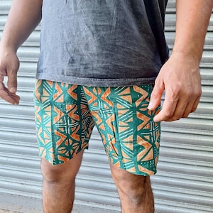JACKFRUIT Shorts - Batik Green - Cotton Mens Streetwear Summer Festival Clothing Fresh Prince 80s Boho Aztec Pants Beach Holiday 90s Outfit