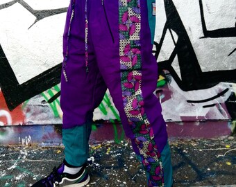 JACKFRUIT I-DEAL Festival Pants - Tarzan Purple - Unisex - Fleece Lined Crazy Pattern Aztec Festival Fresh Prince Warm Tracksuits Retro 80s