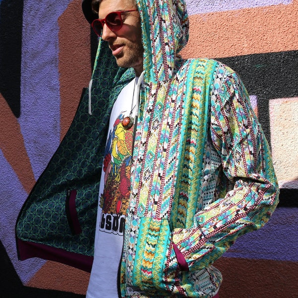 JACKFRUIT Reversible Hula Hoodie  - Bubble Green 2 - Unisex - Crazy Pattern Aztec Hippy Boho Festival Fresh Prince Zip Pocket Hoody Jacket