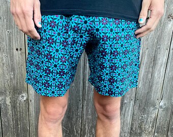 JACKFRUIT Shorts - Kaleidoscope Blue - Cotton Mens Crazy Patterned Festival Clothing Fresh Prince 80s Boho Aztec Pants Beach Holiday Outfit