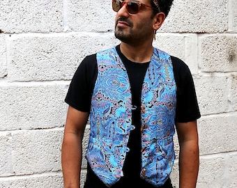 JACKFRUIT Reversible Waistcoat (men & women) - Paradise Blue - Aztec Festival Vest 80s Fresh Prince Clothing Bohemian Gypsy 90s Rave Jacket