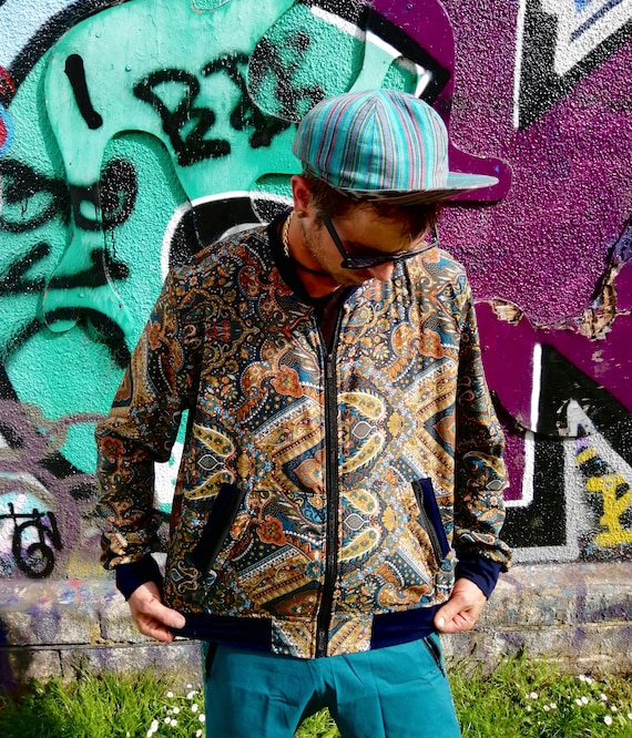 JACKFRUIT Jack-It (men & women sizes) - Paisley Blue - 80s Jacket Bohemian Festival Clothing Retro Kawaii Festival Bomber Smoking Jacket