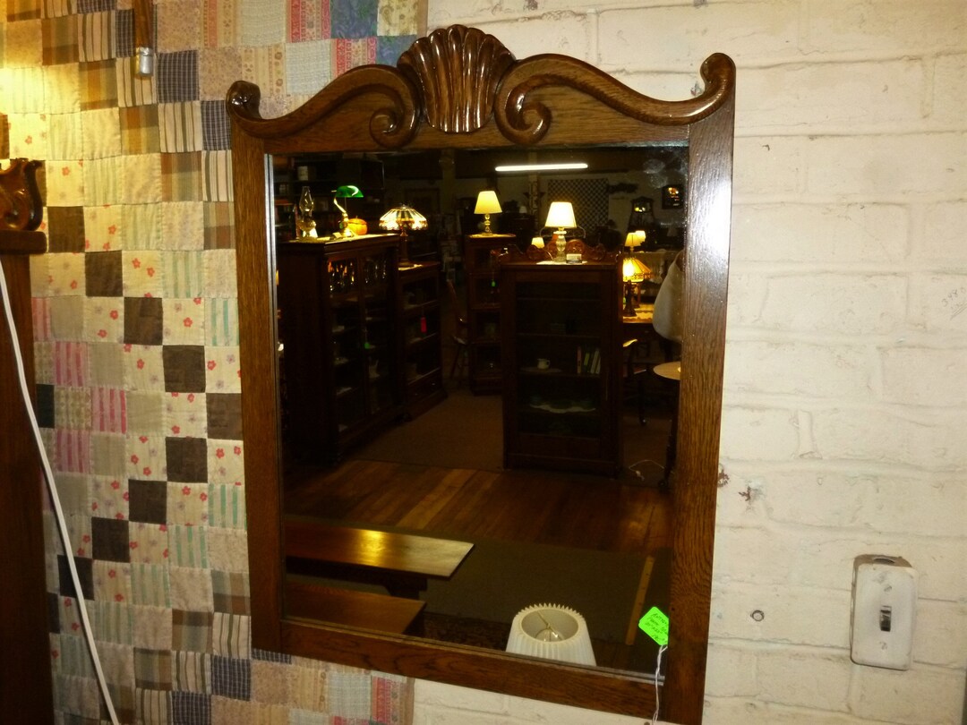 Antique Oak Frame Wall Mirror Refinished 1900's Ornate Carvings