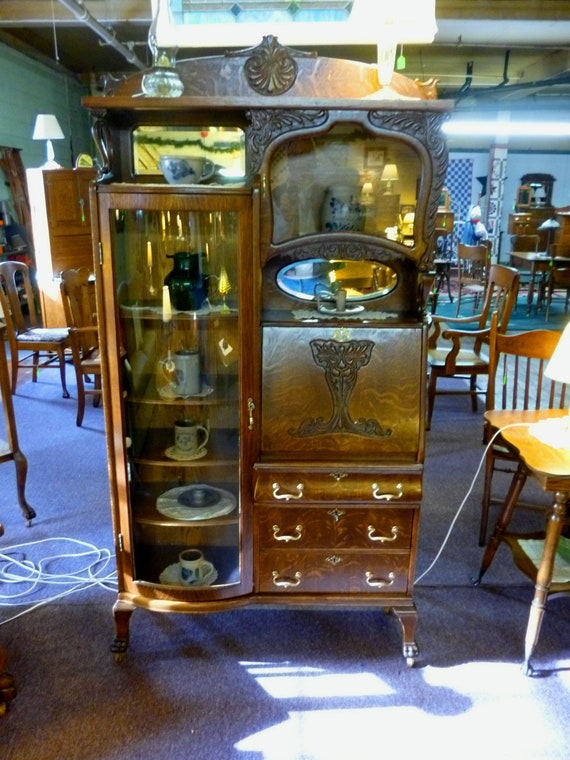 Antique Oak Secretary Desk Bookcase ornate beveled mirrors Etsy
