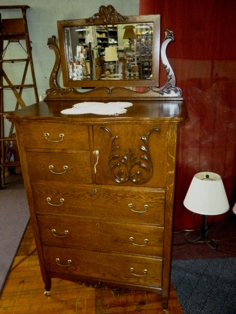 Antique oak Highboy w/mirror dresser chest of drawers bureau Etsy