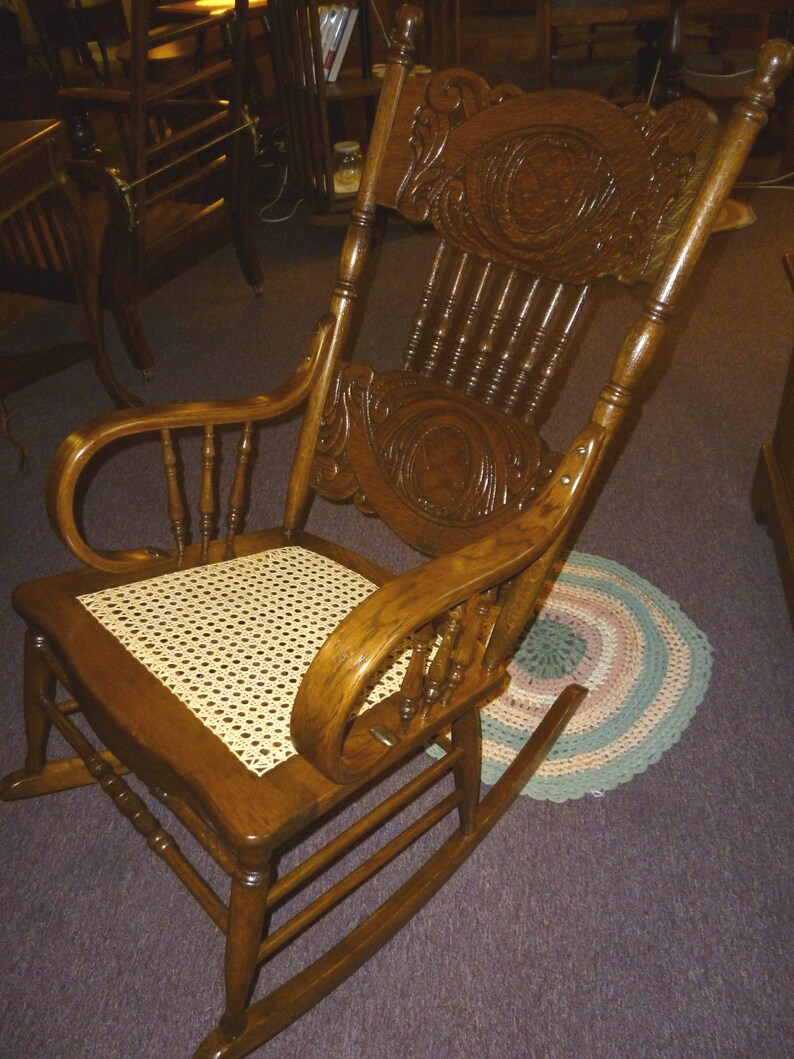Antique Oak Rocking Chair Pressed Back Bentwood Arms Etsy
