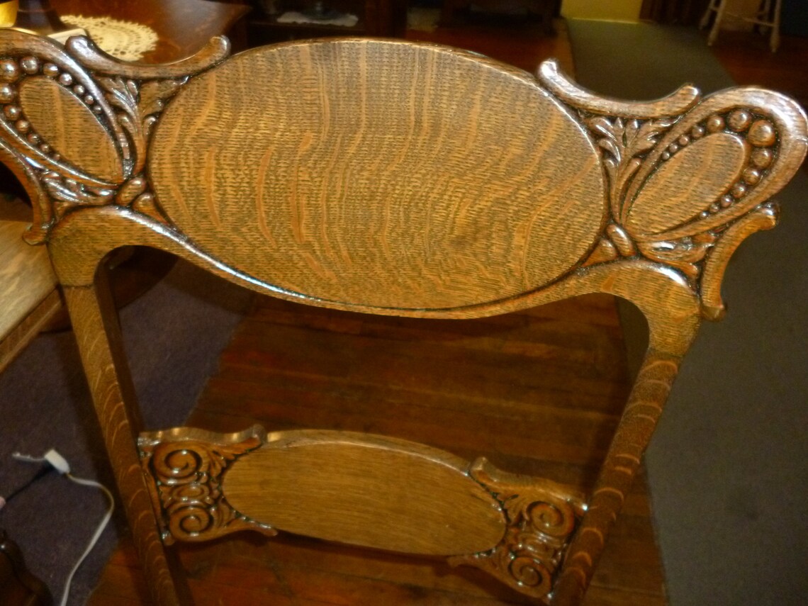 Antique Oak Press Back Chair Deep Carvings Refinished Dates Early 1900