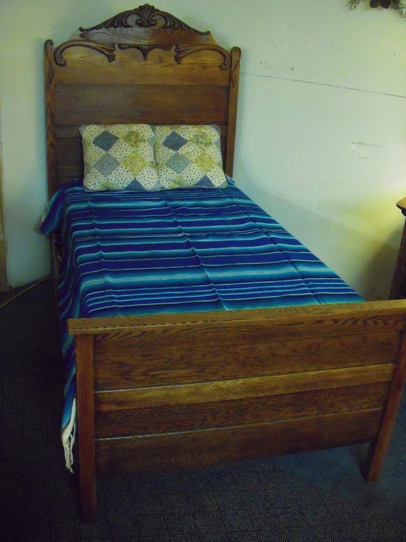 Antique Oak Twin Size Bed Refinished 1900 s Headboard Footboard