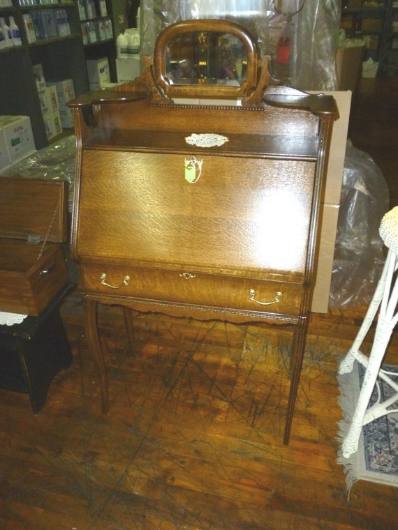 Antique Oak Desk Parlor Lady S Ornate Beveled Mirror Drop Front With Drawer 1900