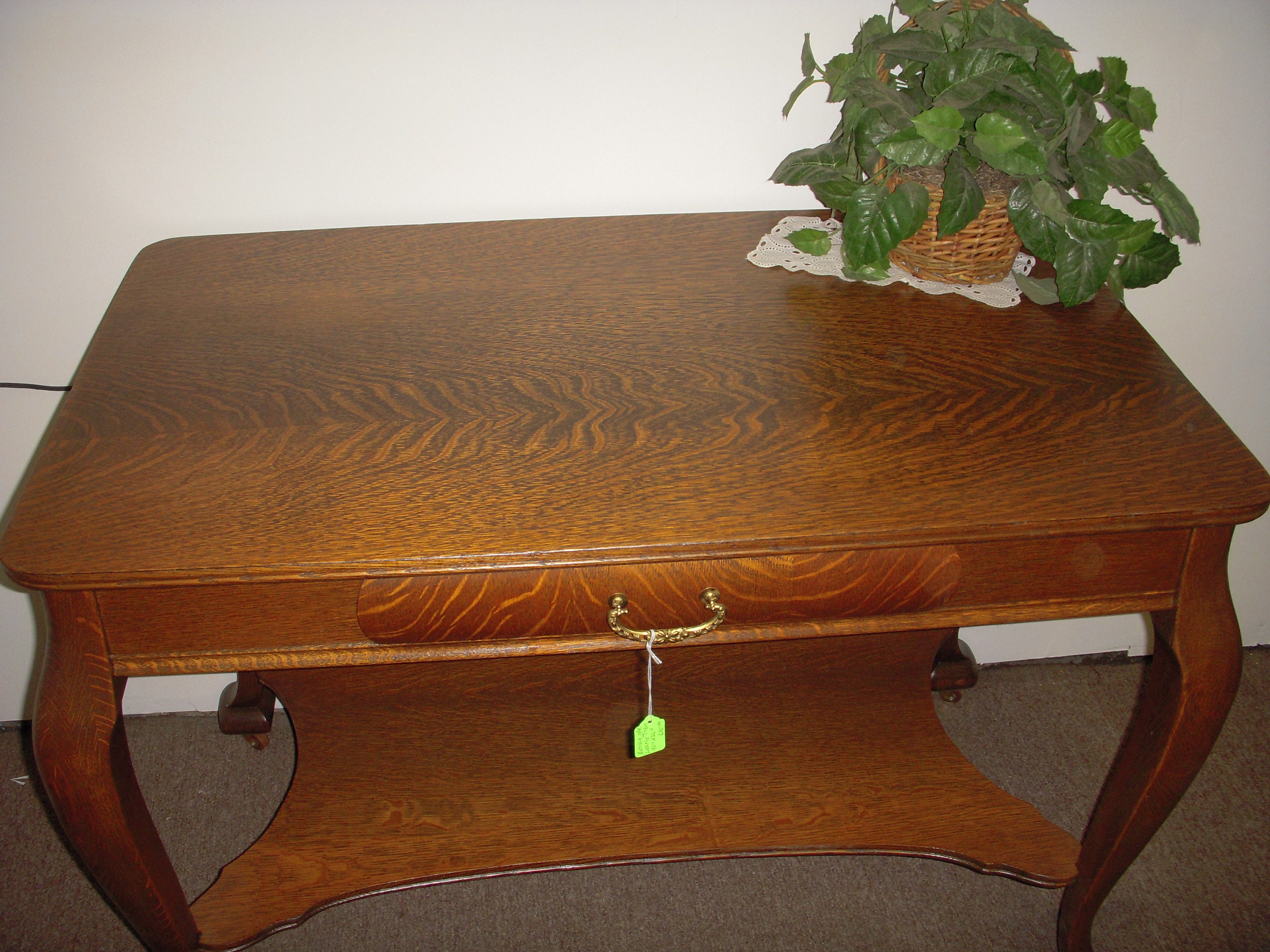 Antique Oak Library Table Desk With Drawer Cast Brass 1900 s