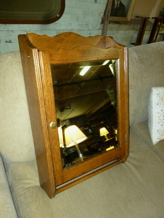 Antique Oak Medicine Cabinet W Towel Bar Beveled Glass Mirror