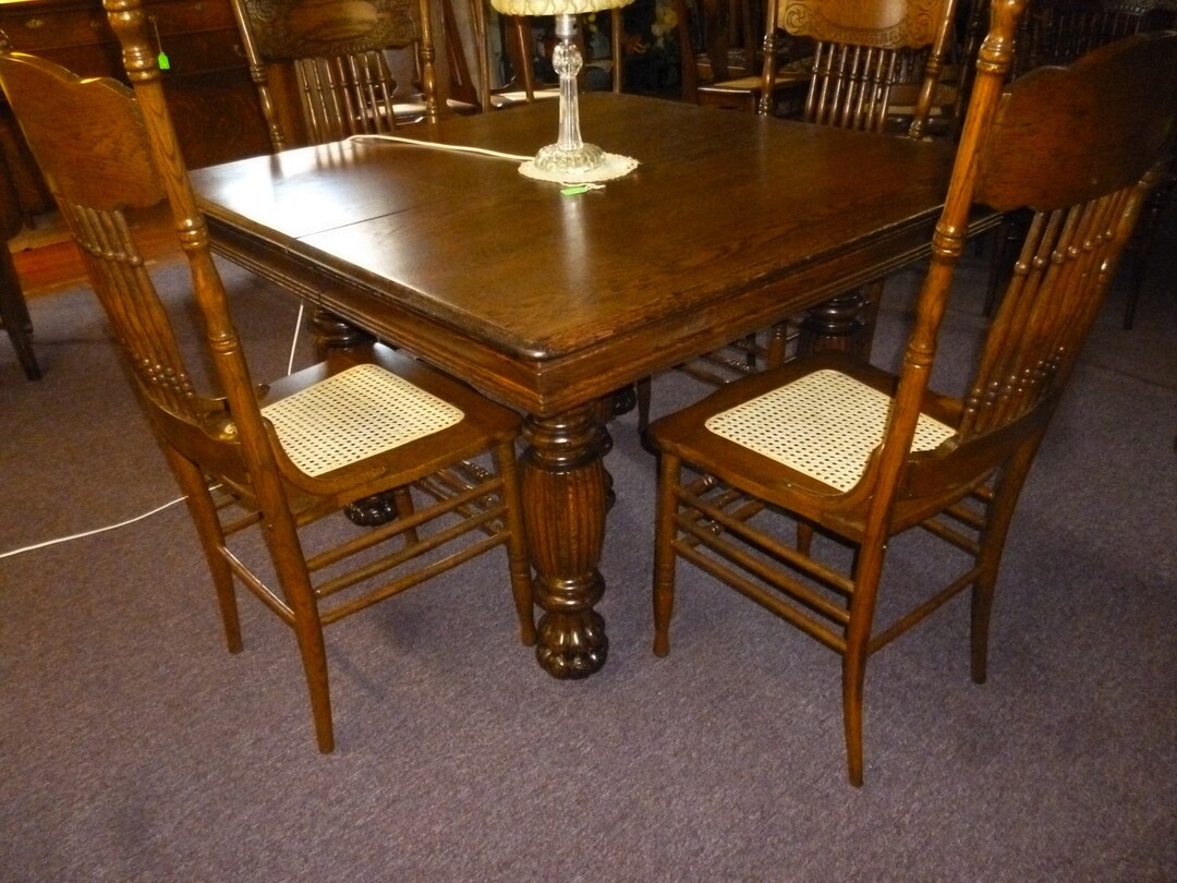 Antique Oak Kitchen Table Extension Farm 1900's Solid Oak 5 Heavy Legs ...