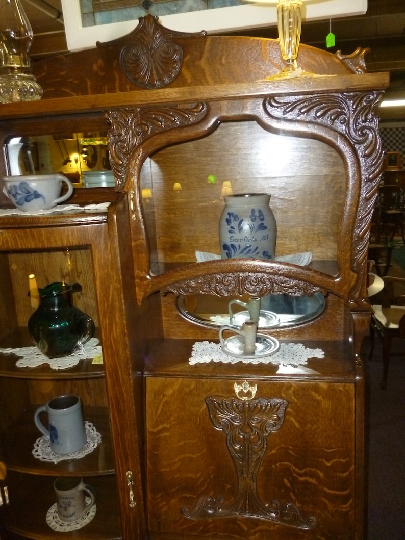 Antique Oak Secretary Desk Bookcase Ornate Beveled Mirrors Etsy