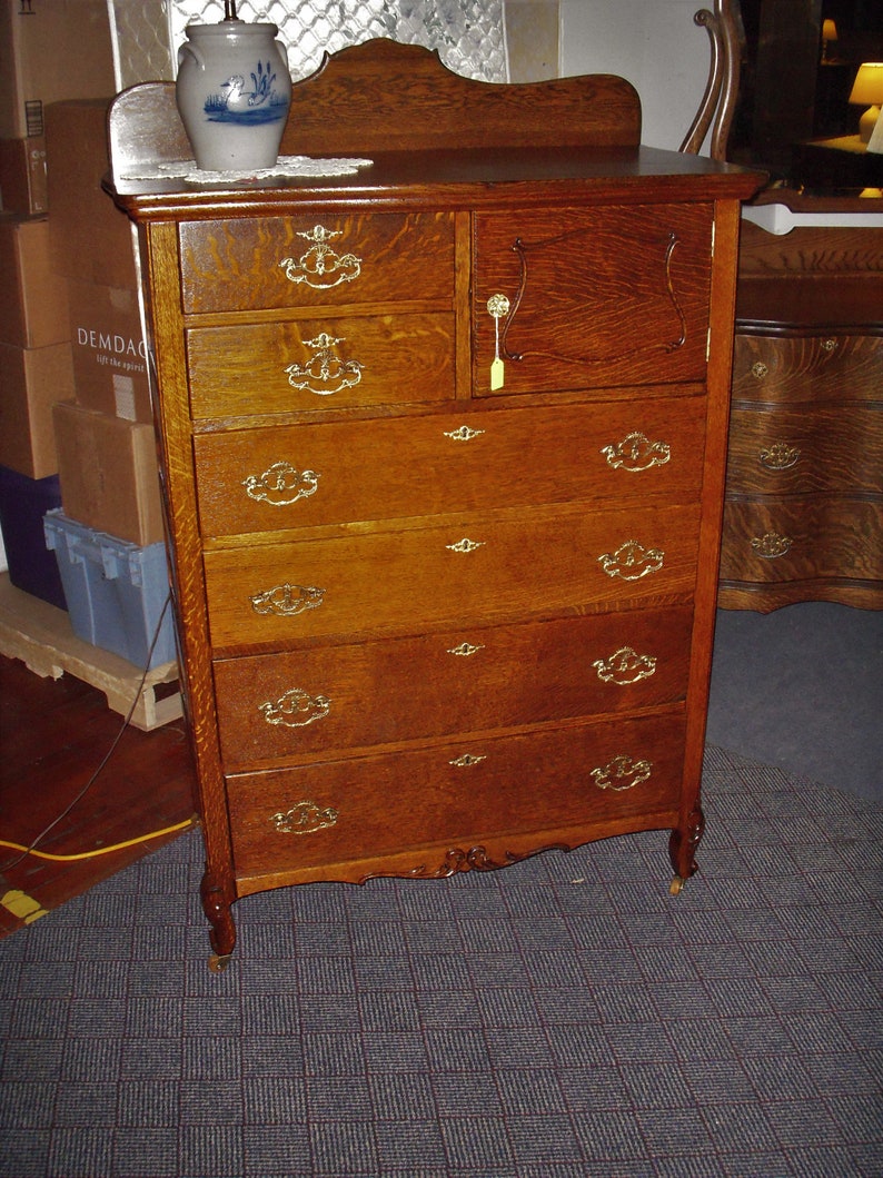Antique Oak Highboy Dresser 6 Drawer & Hatbox 1900's Refinished Buyer