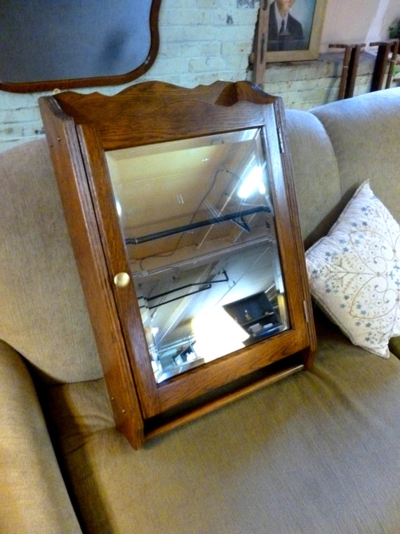 Antique Oak Medicine Cabinet W Towel Bar Beveled Glass Mirror