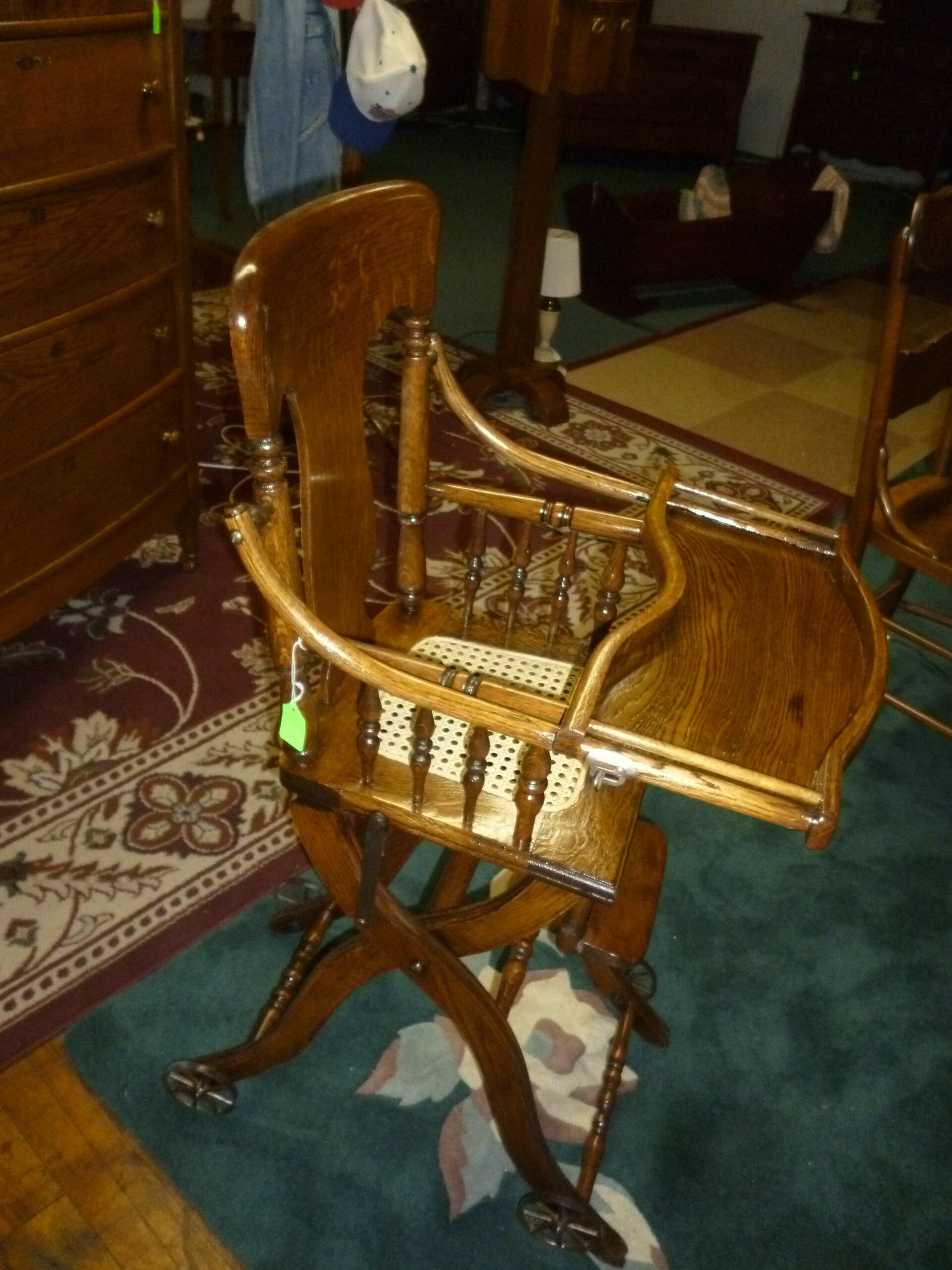 Antique High Chair Oak W/tray and Cane Seat. Refinished Folding to