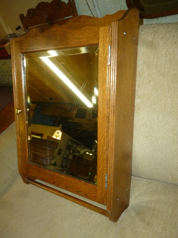 Antique Oak Medicine Cabinet W Towel Bar Beveled Glass Mirror