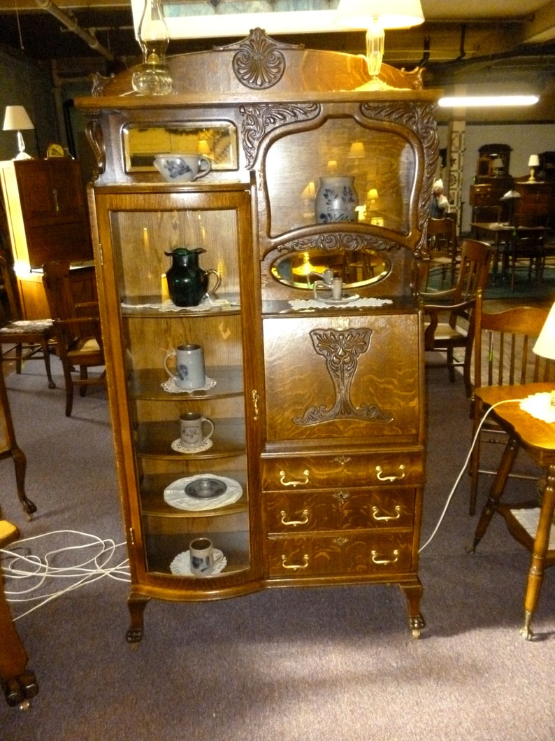 Antique Oak Secretary Desk Bookcase ornate beveled mirrors Etsy