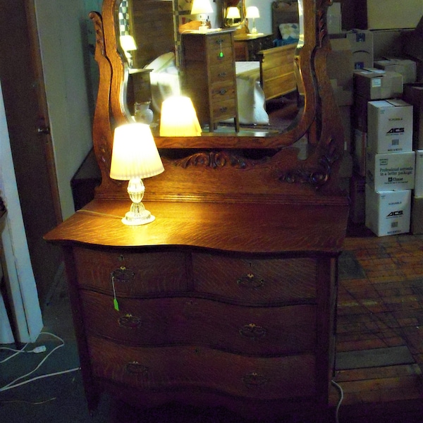 Antique Oak Dresser w/ beveled edge mirror ornate carvings 1900's refinished chest of drawers shipping calculator incorrect