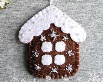 Money Pocket Christmas Ornament - Felt Ornament - Christmas Tree Decor - Gift Idea - Handmade Embroidery - Cute Felt House - Brown White