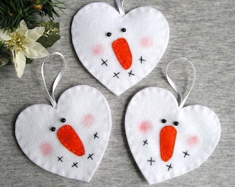 Cute Snowman Ornament Set of 3 - Christmas Snowman Decor - Felt Ornament - Handmade Christmas Ornament - White Christmas Decor - Gift Idea