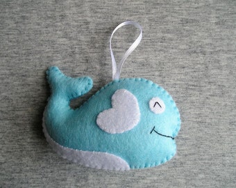 Whale felt ornament toy, cute hanging, sky blue white,christmas tree ornament