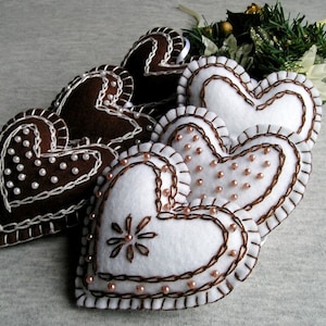 Heart Felt Ornament, Embroidery Heart, Brown and White Heart Decor, Heart Handing Felt Ornament