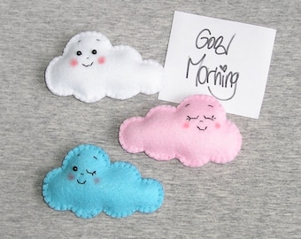 Cute Fridge Magnets - Clouds - Felt Ornament - Handmade Embroidery - Set of 3