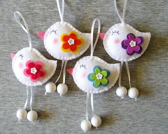 Spring Birds - Felt Ornaments - Cute Home Decor - Funny Flowers - Felt Decor - Handmade Embroidery - White Red Green