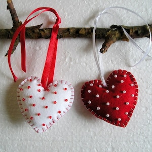 Christmas Felt Ornament - Heart Set of 2 - Red White Heart - Felt Heart - Heart Decor -Heart Hanging -