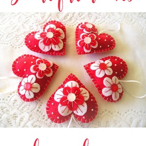 Felt Ornament Hearts Flowers Ornament Valentines day Gift Home Decor Mother Day Gift Handmade Embroidery Red White image 6