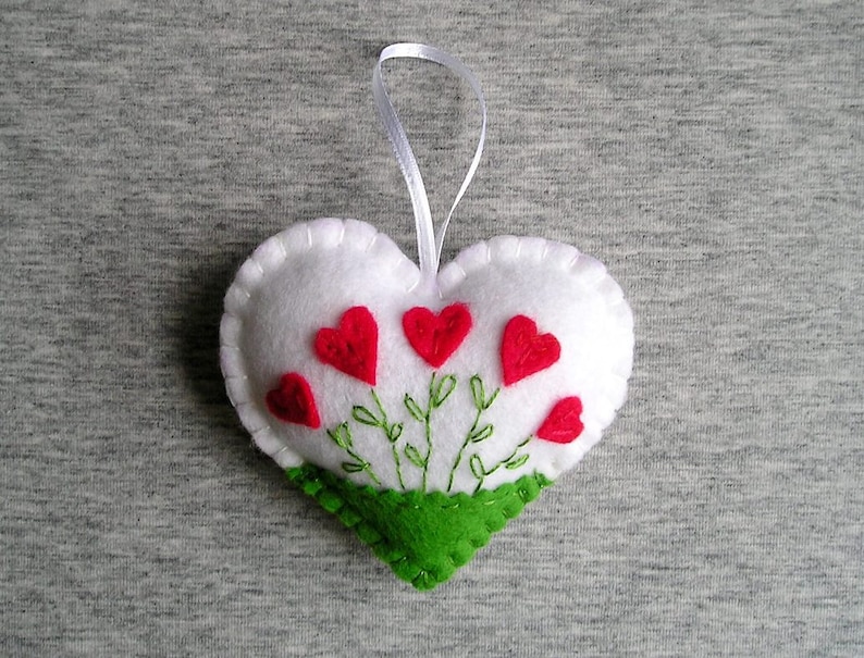 Felt Heart Felt Ornament Felt Flowers Red heart White Heart Valentines Day Gift Easter Decor Handmade Embroidery Gift Idea image 2