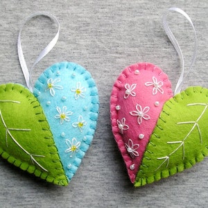 Spring Hearts Felt Ornament flowers handmade embroidery Handing, easter decoration, home decor,  green pink blue white