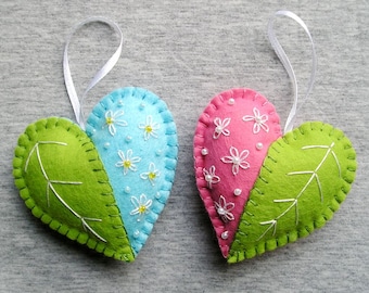 Spring Hearts Felt Ornament flowers handmade embroidery Handing, easter decoration, home decor,  green pink blue white