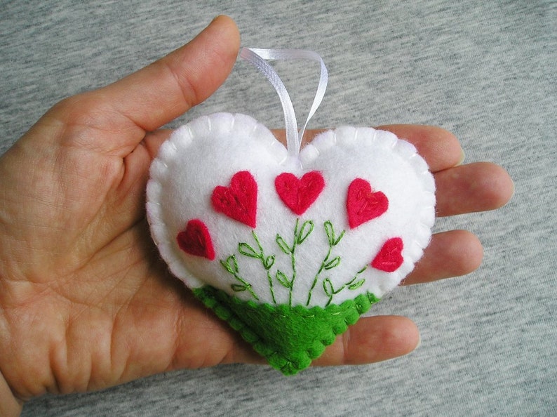 Felt Heart Felt Ornament Felt Flowers Red heart White Heart Valentines Day Gift Easter Decor Handmade Embroidery Gift Idea image 1