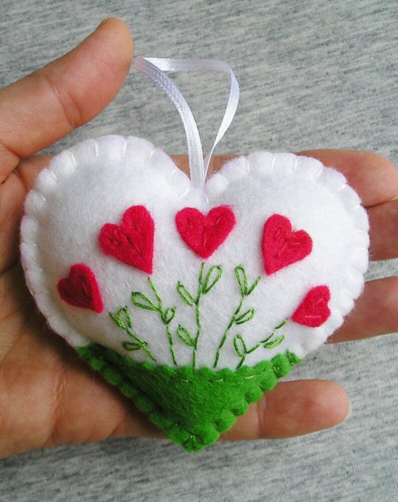 Felt Heart Felt Ornament Felt Flowers Red heart White Heart Valentines Day Gift Easter Decor Handmade Embroidery Gift Idea image 6