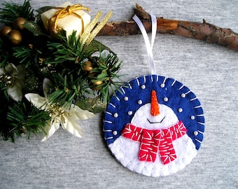 Christmas, tree ornaments, felt snowman, home decor, felt christmas ornaments with loop,  embroidery handmade, PRICE PER 1 ITEM dark blue