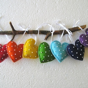 Heart Ornament - Felt Ornament - Rainbow Heart Ornament - Handmade Embroidery - Gift Idea - Valentines Day Decor - Heart Set - Home Decor