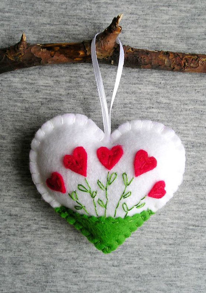 Felt Heart Felt Ornament Felt Flowers Red heart White Heart Valentines Day Gift Easter Decor Handmade Embroidery Gift Idea image 5